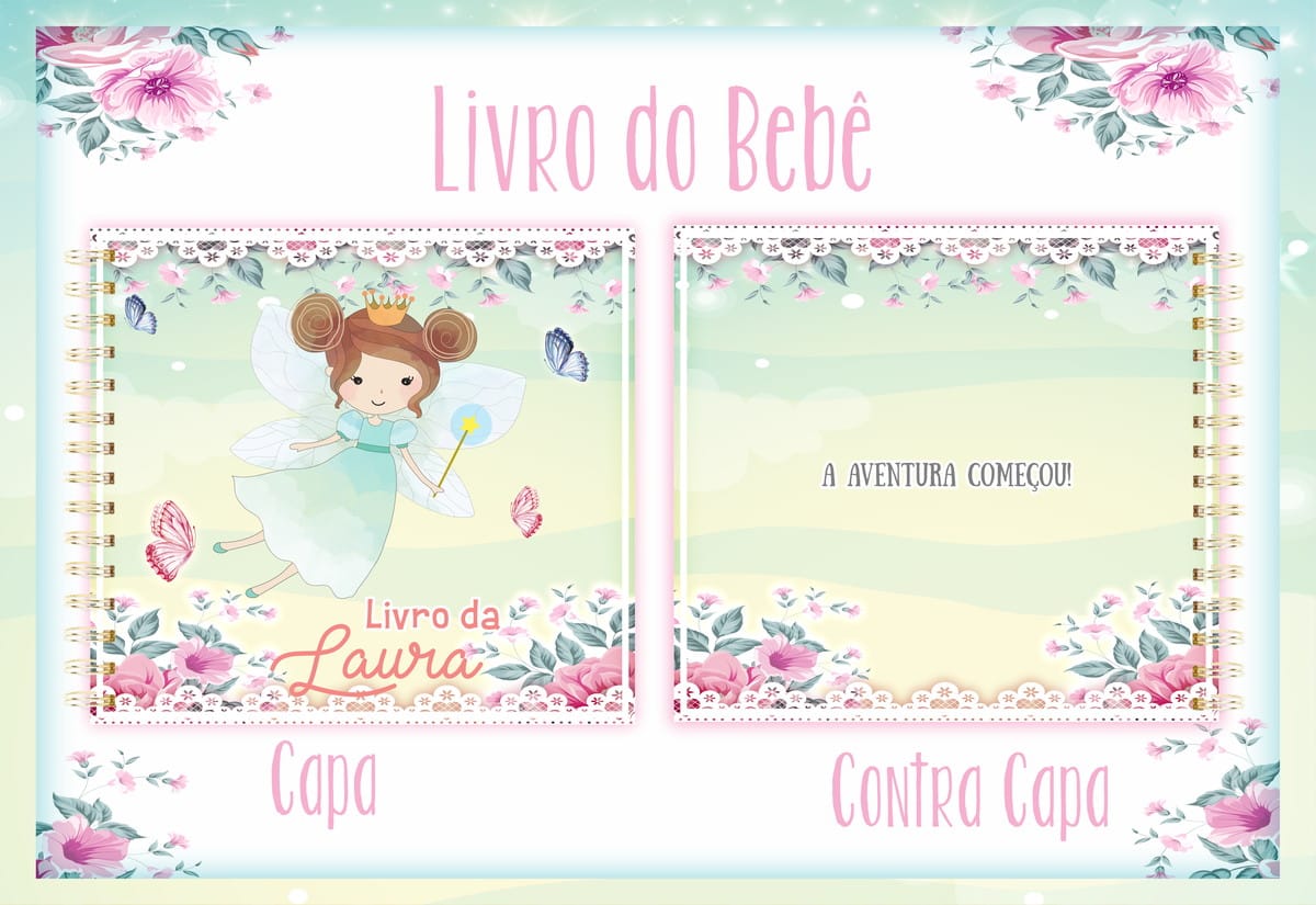 Kit Digital do Livro do Bebê Tema Fadas Editável 1 Design digital de capa e contracapa para um livro de bebê personalizado.