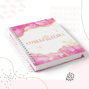 Capa de agenda digital rosa e dourada, com espiral branca e padrão abstrato.