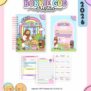 Arte digital de agenda 2026 com Jesus e cães, capas e páginas internas.