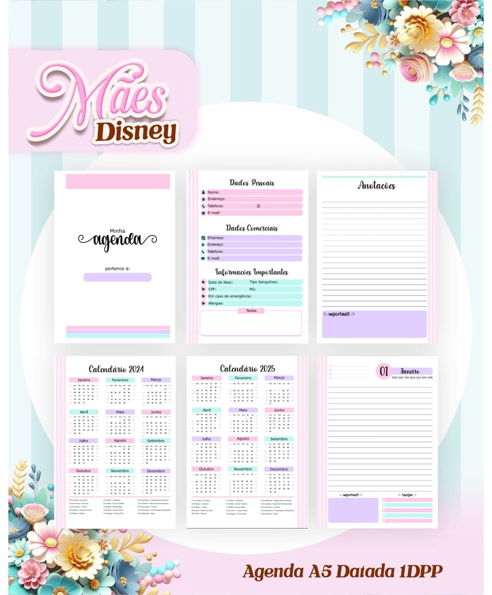 Kit Digital Encadernação Dia das Mães Disney 2 Folhas de agenda com calendários e campos para preencher dados pessoais e anotações organizadas.