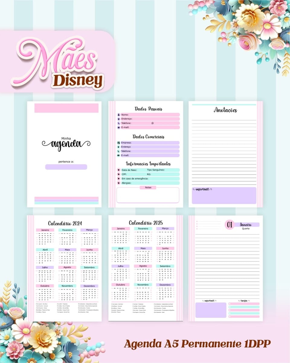 Kit Digital Encadernação Dia das Mães Disney 4 Conjunto de páginas organizadoras para agenda digital com calendários e campos de preenchimento.