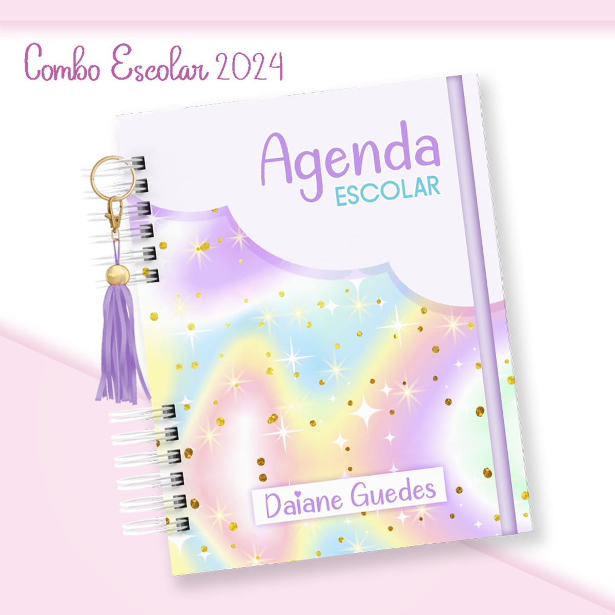 Kit digital Encadernação Escolar Candy pronto para vender 1 Agenda escolar com capa colorida, glitter e chaveiro roxo em fundo rosa.