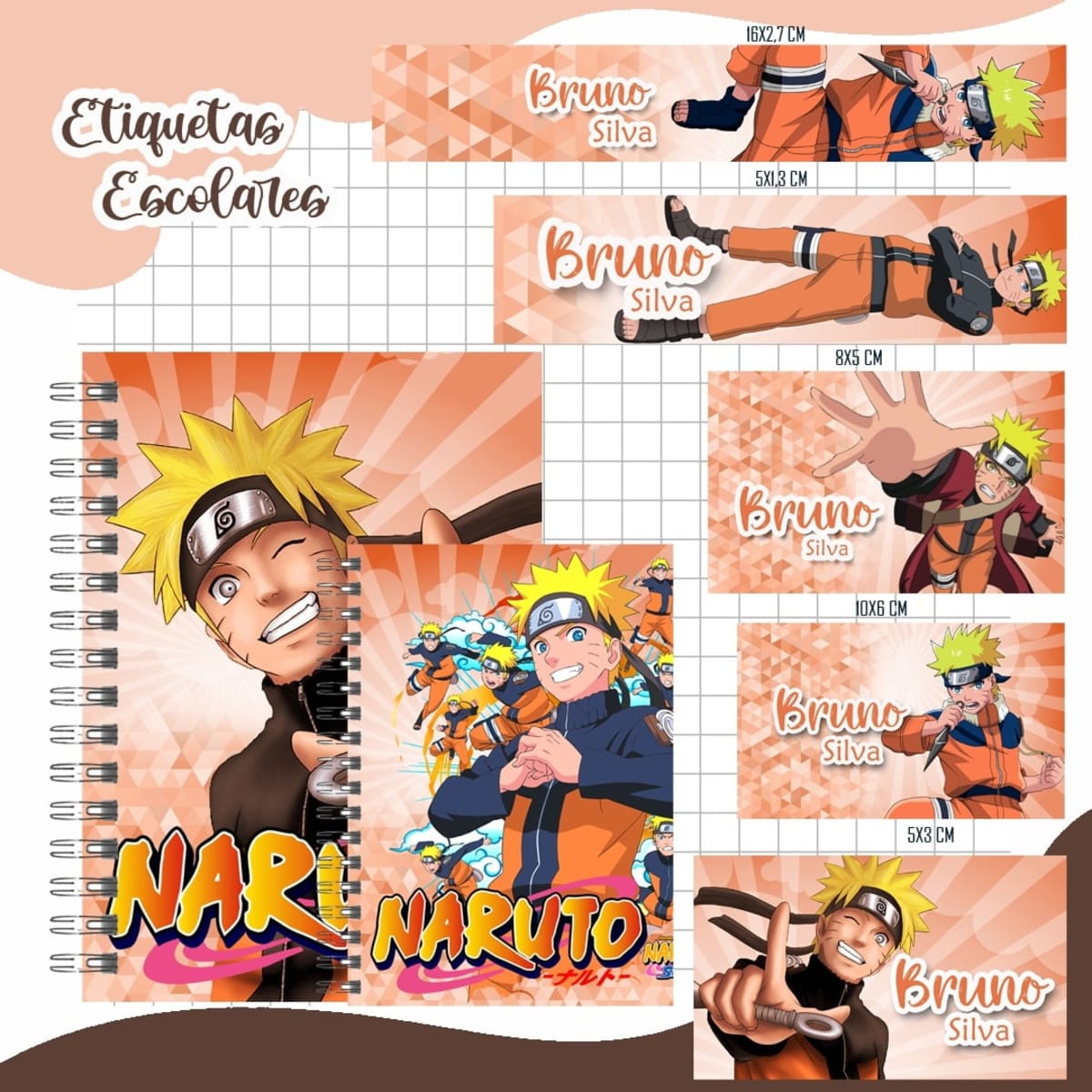 Kit Digital Encadernação Escolar Naruto 2024 para Imprimir 2 Arte digital de etiquetas e capas de caderno com personagem Naruto e nome.