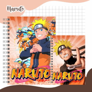 Duas capas de caderno com personagem loiro sorrindo e texto 'Naruto'. Fundo de grade.