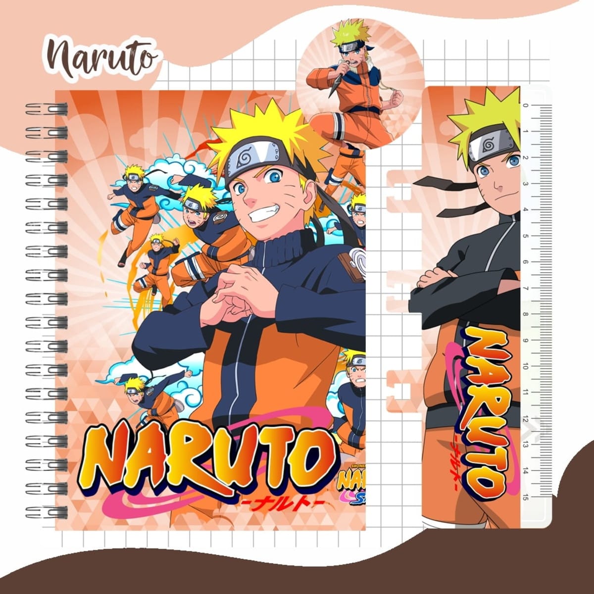Kit Digital Encadernação Escolar Naruto 2024 para Imprimir 4 Arte digital de caderno e régua com personagem de cabelo amarelo e texto 'Naruto'.