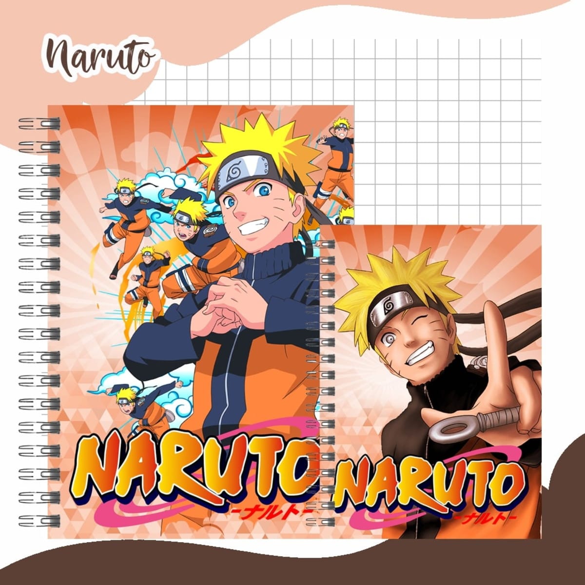 Kit Digital Encadernação Escolar Naruto 2024 para Imprimir 1 Duas capas de caderno com personagem loiro sorrindo e texto 'Naruto'. Fundo de grade.