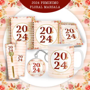Conjunto de papelaria e objetos decorativos com tema floral, listras pêssego e o ano 2024.