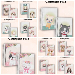 Apresentação em grade com vários cadernos e agendas decorados com ilustrações fofas de animais.