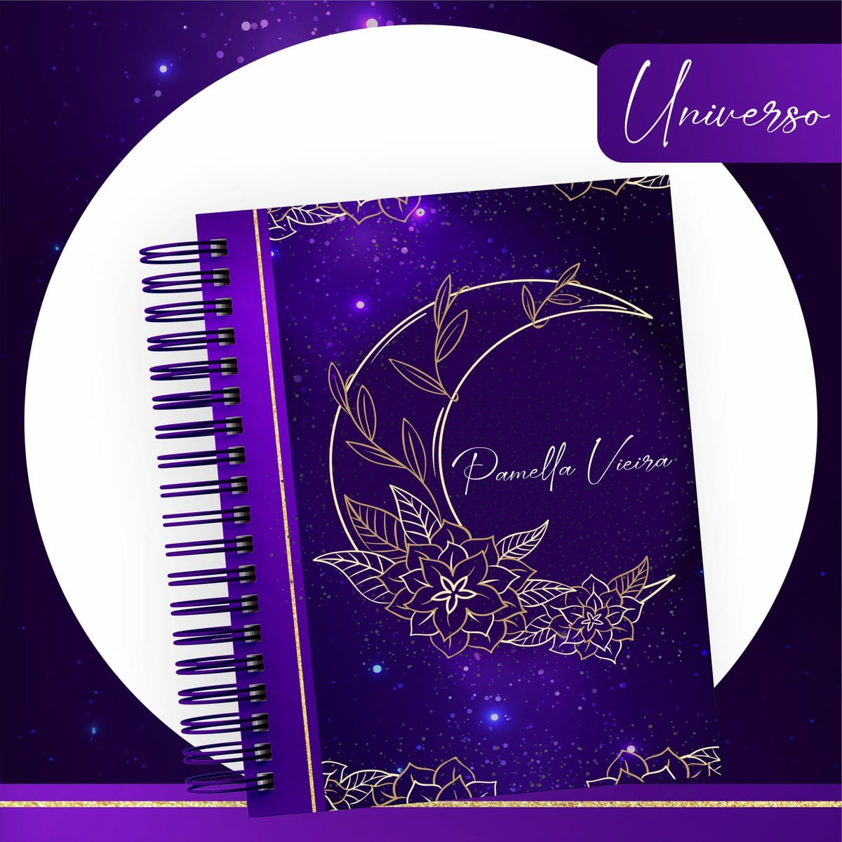 Kit Digital Encadernação Universo Místico 2 Arte digital de capa roxa com lua dourada, estrelas e tema Universo.