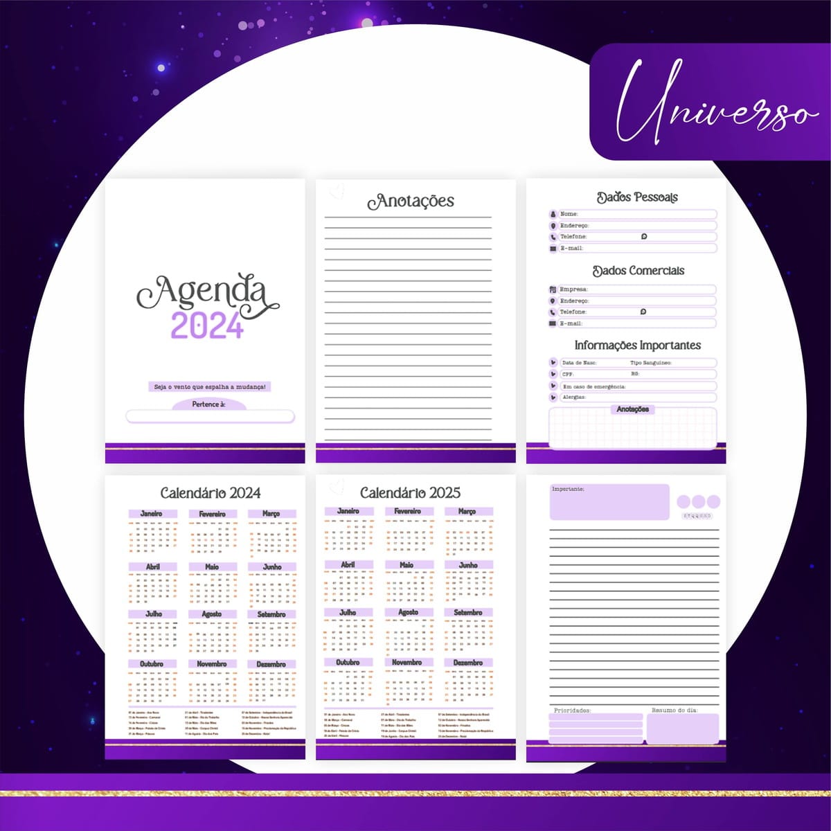 Kit Digital Encadernação Universo Místico 3 Arte digital de páginas de agenda e calendário 2024-2025 com tema roxo.
