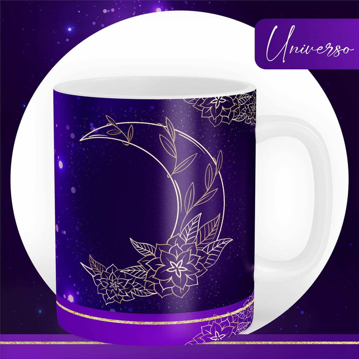 Kit Digital Encadernação Universo Místico 4 Arte digital de caneca roxa com lua dourada, flores e a palavra "Universo".