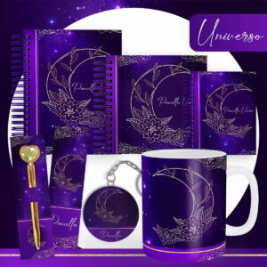 Coleção de arte digital com design de lua e flores douradas em roxo.