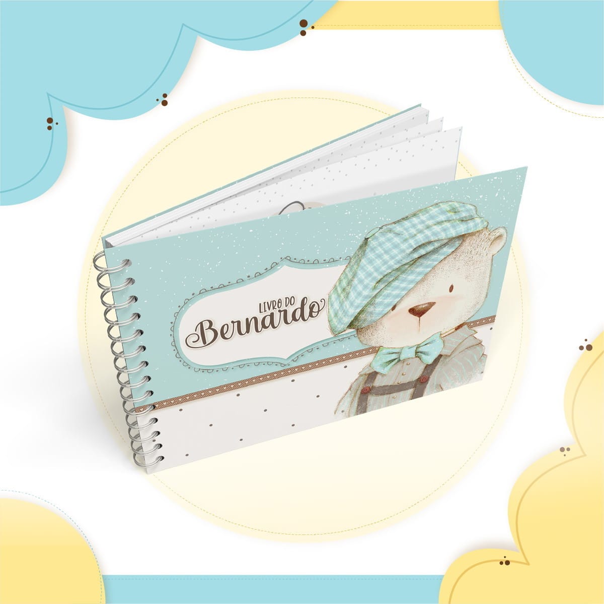 Kit Digital Encadernação Ursinho Vintage para Álbuns 2 Livro espiral azul e branco, capa com ilustração de urso.