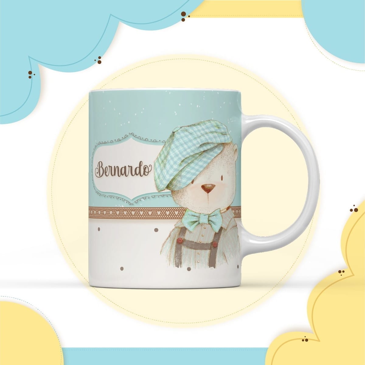 Kit Digital Encadernação Ursinho Vintage para Álbuns 3 Imagem digital de urso com boina e gravata em caneca, design azul e branco.