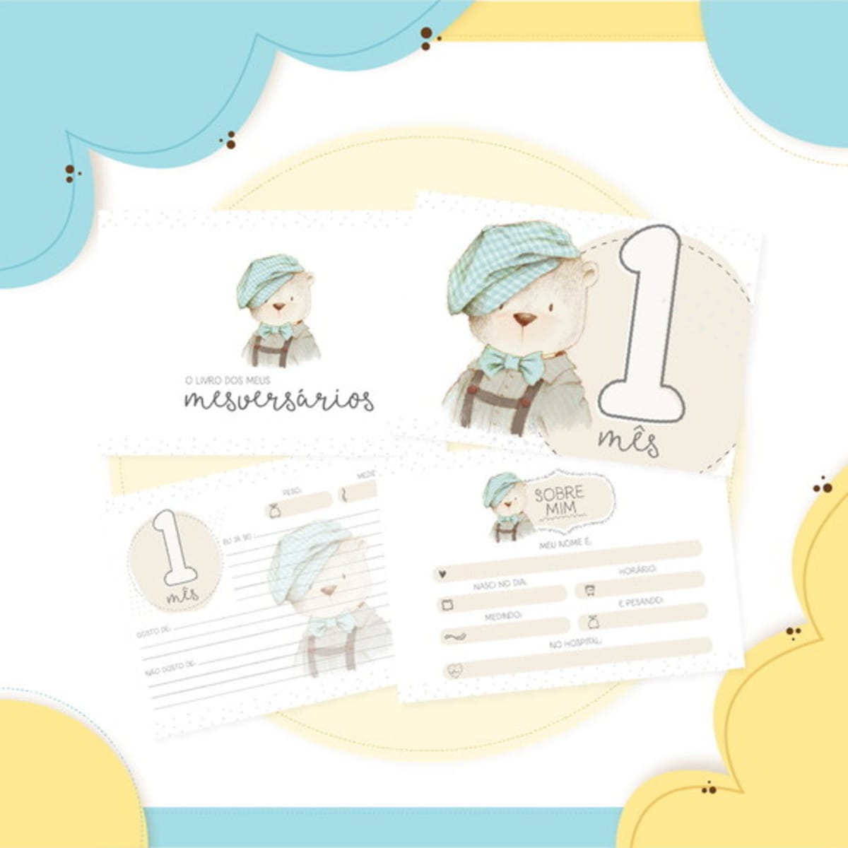 Kit Digital Encadernação Ursinho Vintage para Álbuns 4 Páginas digitais decoradas para livro de mesversário com ilustração de urso de boina.