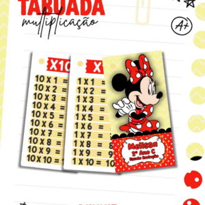 Arte digital de tabuada de multiplicação com personagem infantil sorridente e elementos escolares.