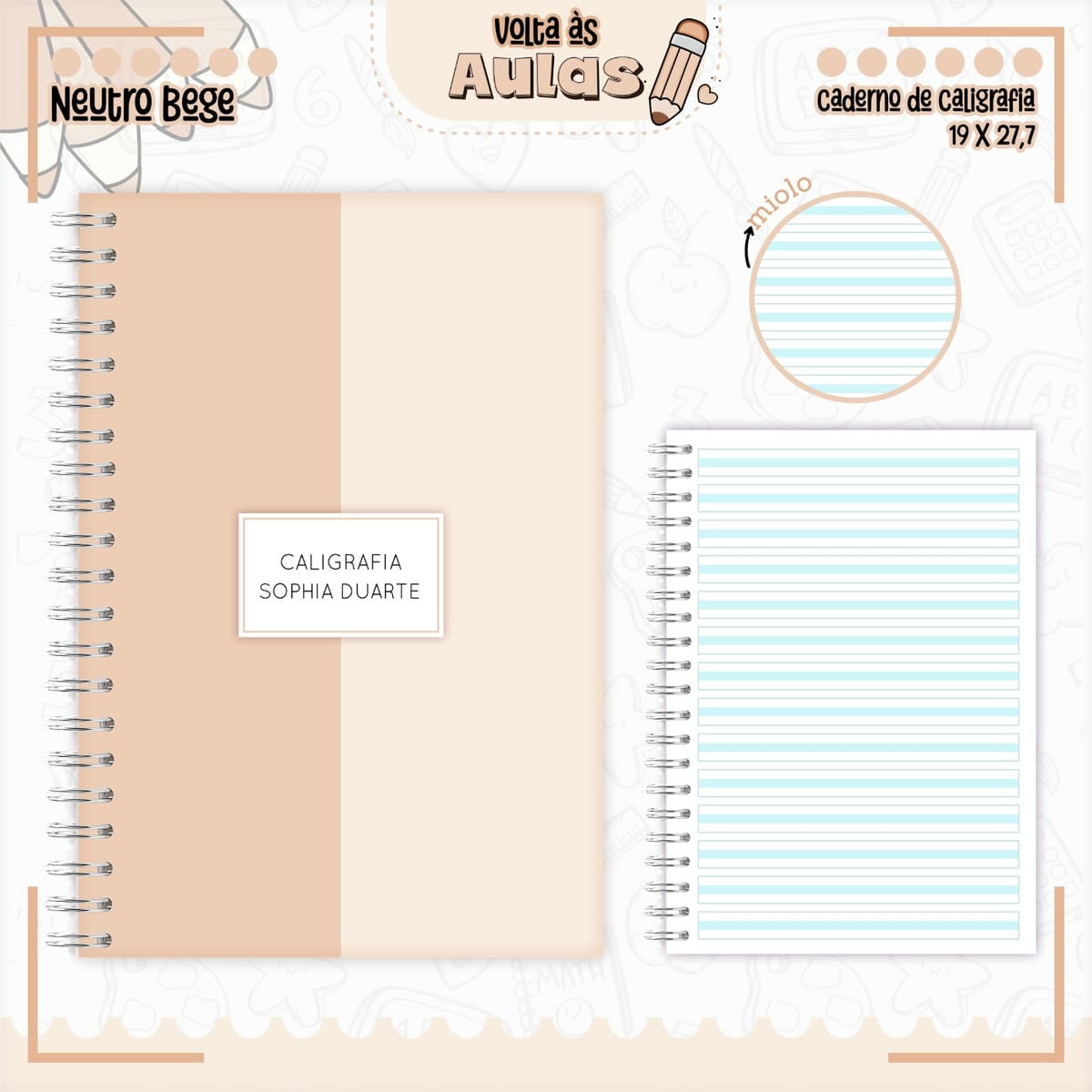 Kit Digital Escolar Neutro Bege para Encadernação 2 Arte digital de caderno de caligrafia com capa bege e miolo pautado azul.