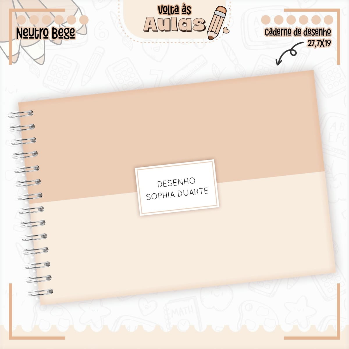 Kit Digital Escolar Neutro Bege para Encadernação 3 Arte digital de caderno de desenho com capa bege de duas cores e espiral.