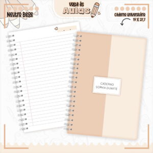 Arte digital de caderno universitário aberto em tons neutros de bege para volta às aulas.