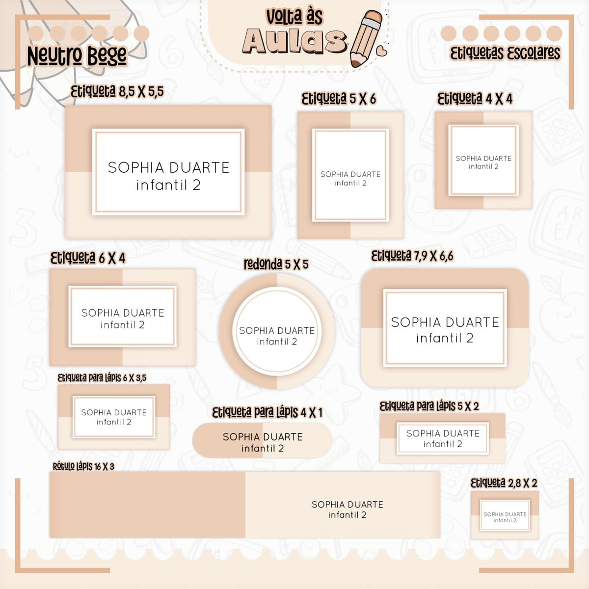 Kit Digital Escolar Neutro Bege para Encadernação 5 Arte digital de etiquetas escolares personalizáveis em tons neutros para volta às aulas.