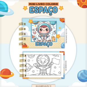 Capa e página interna de um mini livro de colorir infantil com tema espacial.