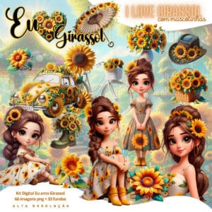 Kit Digital Eu Amo Girassol Baby Png Ilustracoes 3d Fofo 3