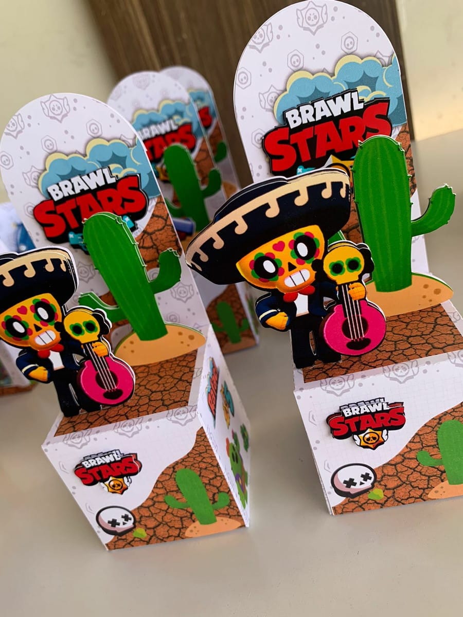 Kit Digital Festa Brawl Stars com Caixas para Lembrancinhas 3 Caixinhas decoradas de festa com tema de jogo, cactos e caveira mexicana.