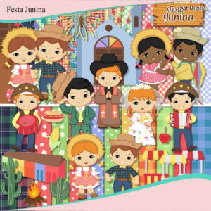 kit digital festa junina com elementos e papeis em png