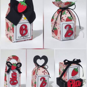 Designs de caixas de festa com tema morango, margaridas e personalização de letras/números.