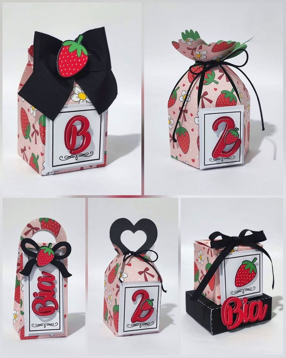 Kit Digital Festa Morangos com Caixinhas Studio e PDF 1 Designs de caixas de festa com tema morango, margaridas e personalização de letras/números.
