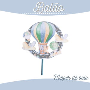 Arte digital: topper de bolo com balões coloridos, nuvens e estrelas.