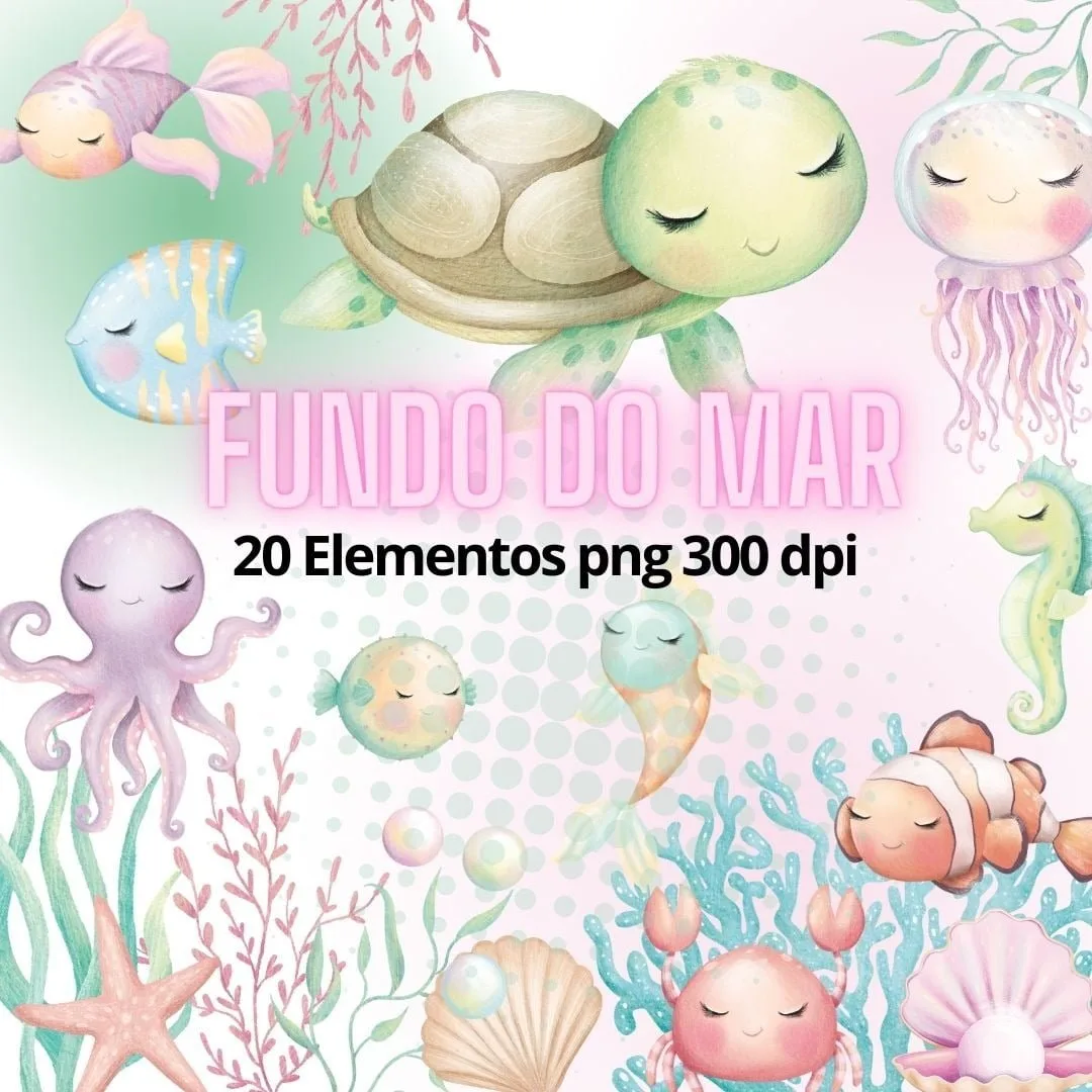 Kit Digital Fundo do Mar Aquarela 20 Imagens Png Fofo Cute 1 Kit Digital Fundo do Mar Aquarela 20 Imagens Png Fofo Cute