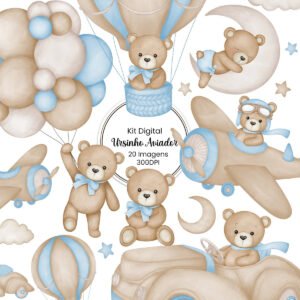 Kit Digital Ilustrações Urso Aviador Azul Vintage Pelúcia