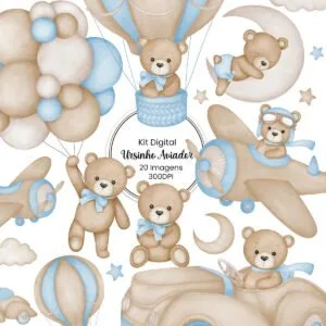 Kit Digital Ilustrações Urso Aviador Azul Vintage Pelúcia