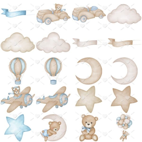 Kit Digital Ilustrações Urso Aviador Azul Vintage Pelúcia