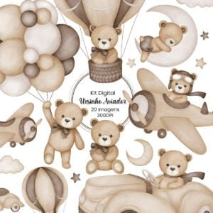 Kit Digital Ilustrações Urso Aviador Marrom Vintage Pelúcia