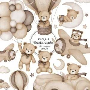 Kit Digital Ilustrações Urso Aviador Marrom Vintage Pelúcia