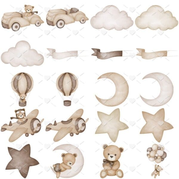 Kit Digital Ilustrações Urso Aviador Marrom Vintage Pelúcia