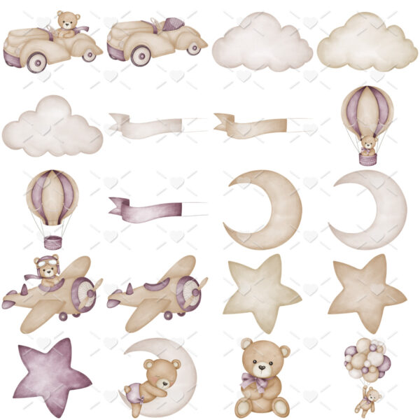 Kit Digital Ilustrações Urso Aviador Roxo Vintage Pelúcia