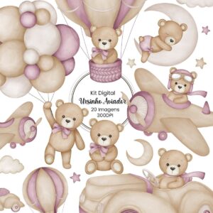 Kit Digital Ilustrações Urso Aviador Roxo Vintage Pelúcia