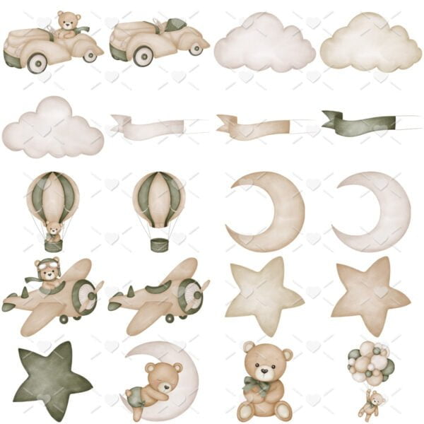 Kit Digital Ilustrações Urso Aviador Verde Vintage Pelúcia