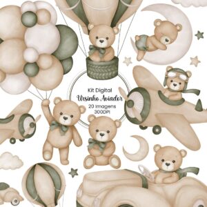 Kit Digital Ilustrações Urso Aviador Verde Vintage Pelúcia