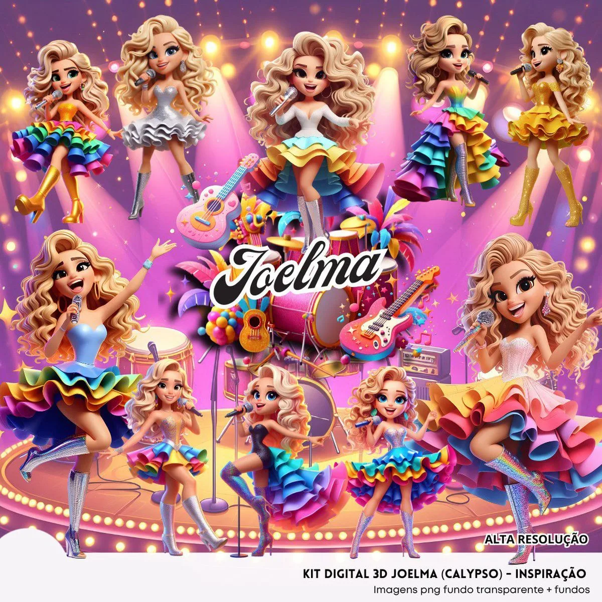 Kit Digital Joelma Calypso 3D Cute Fofo Ilustrações Png 1 Bonecas digitais estilo caricatura com vestidos coloridos em um palco de show iluminado.