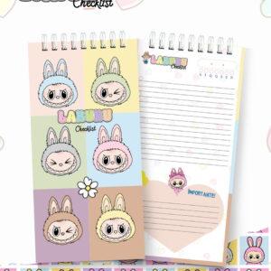 Arte digital de checklist com ilustrações de personagens de coelho em tons pastel e layout pautado.
