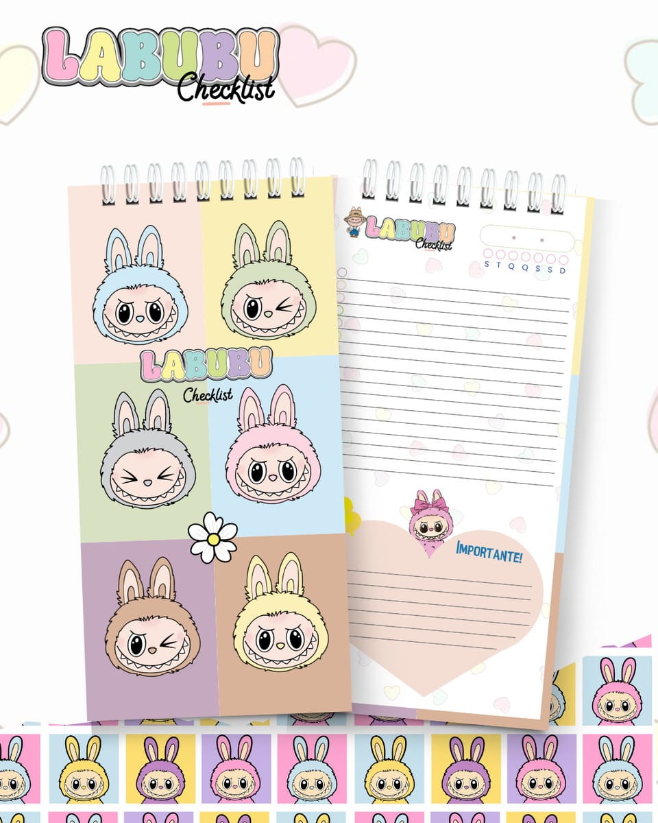 Kit Digital Labubu Checklist com 10 Capas PNG PDF Studio 1 Arte digital de checklist com ilustrações de personagens de coelho em tons pastel e layout pautado.