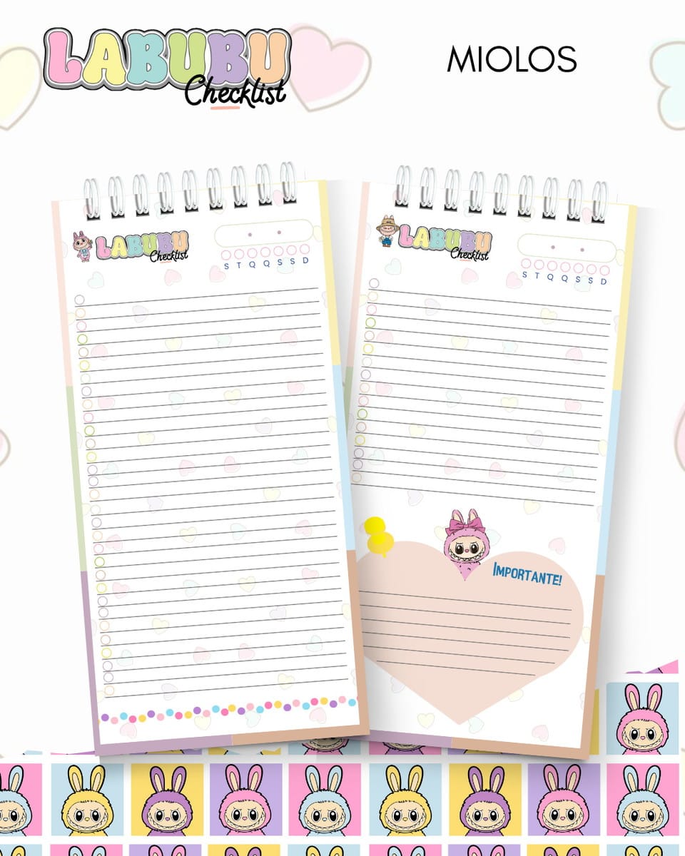Kit Digital Labubu Checklist com 10 Capas PNG PDF Studio 2 Arte digital de dois checklists com personagem fofo de coelho e corações pastel.