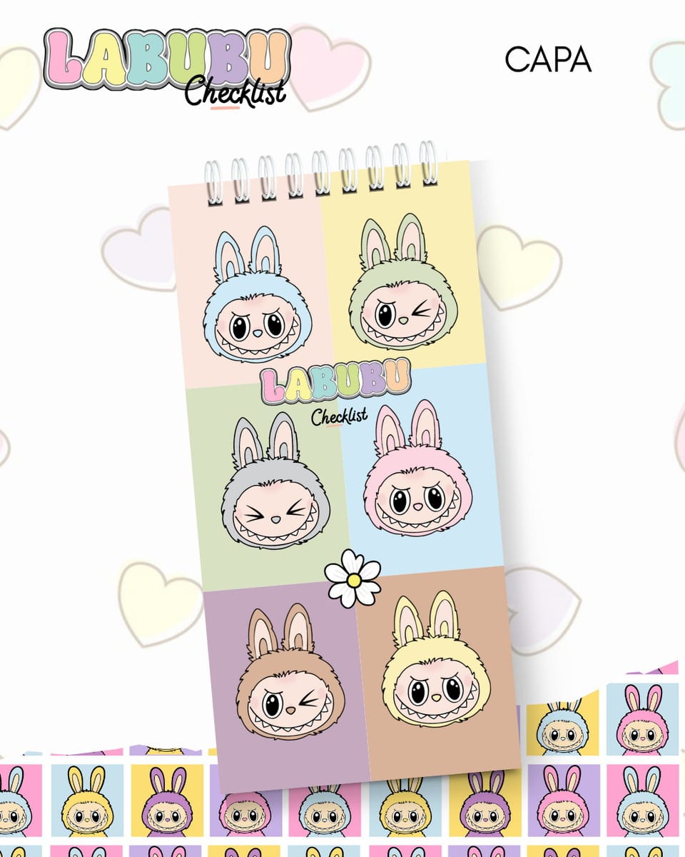 Kit Digital Labubu Checklist com 10 Capas PNG PDF Studio 3 Arte digital de capa de checklist com seis personagens fofos em capuz e texto "LABUBU Checklist".