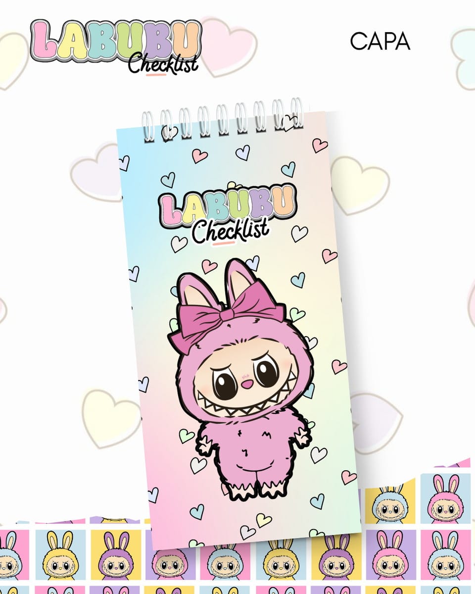 Kit Digital Labubu Checklist com 10 Capas PNG PDF Studio 4 Capa de checklist digital com personagem rosa fofo e fundo pastel de corações.