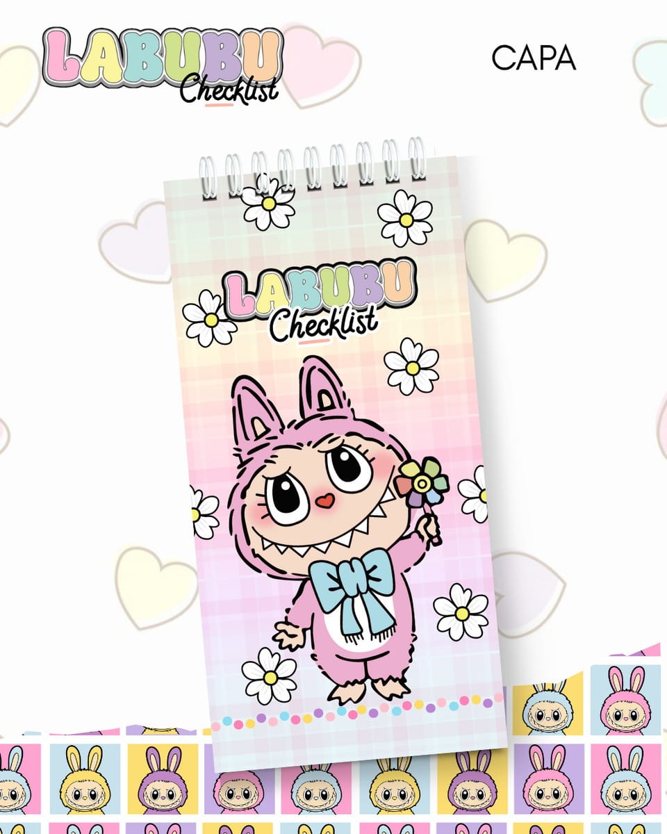 Kit Digital Labubu Checklist com 10 Capas PNG PDF Studio 5 Arte digital de capa de checklist com criatura rosa fofa e flores.