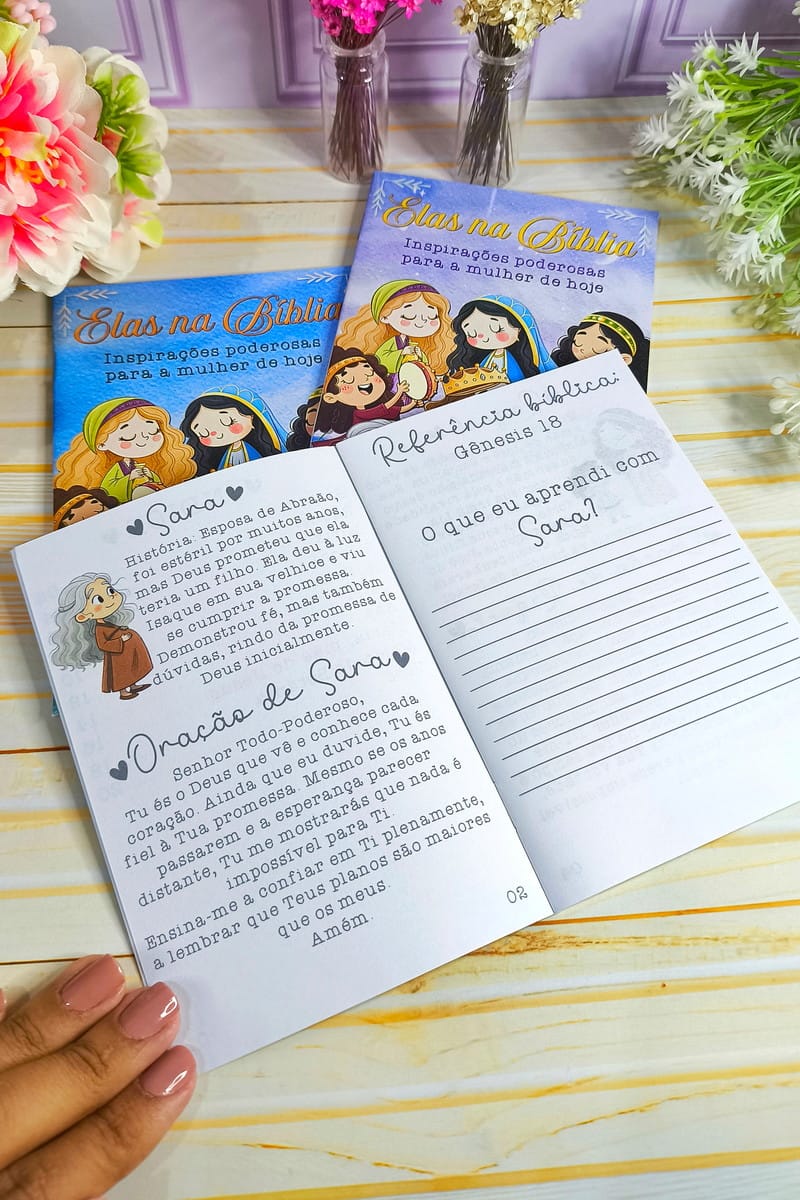 Kit Digital Lembrancinhas Fé Feminina para Sublimação 3 Dois livretos com ilustrações de mulheres, texto inspirador e linhas para anotações.